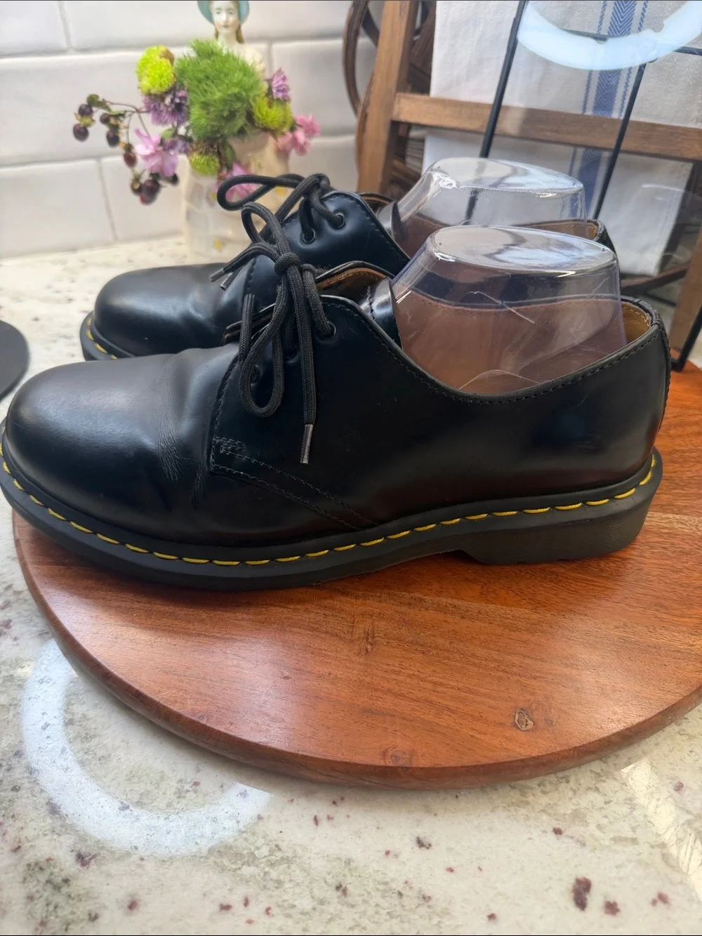 Dr. Martens Black Leather Derby Shoes with Yellow Stitching